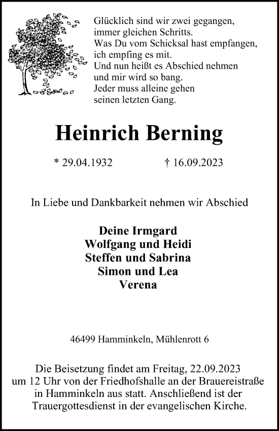 Traueranzeige von Heinrich Berning von Tageszeitung