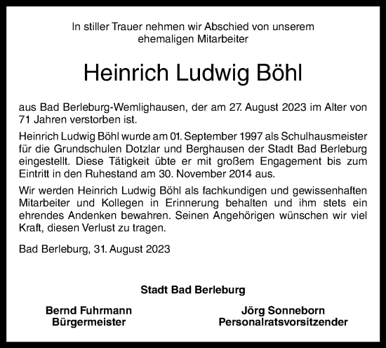 Traueranzeige von Heinrich Ludwig Böhl von Tageszeitung