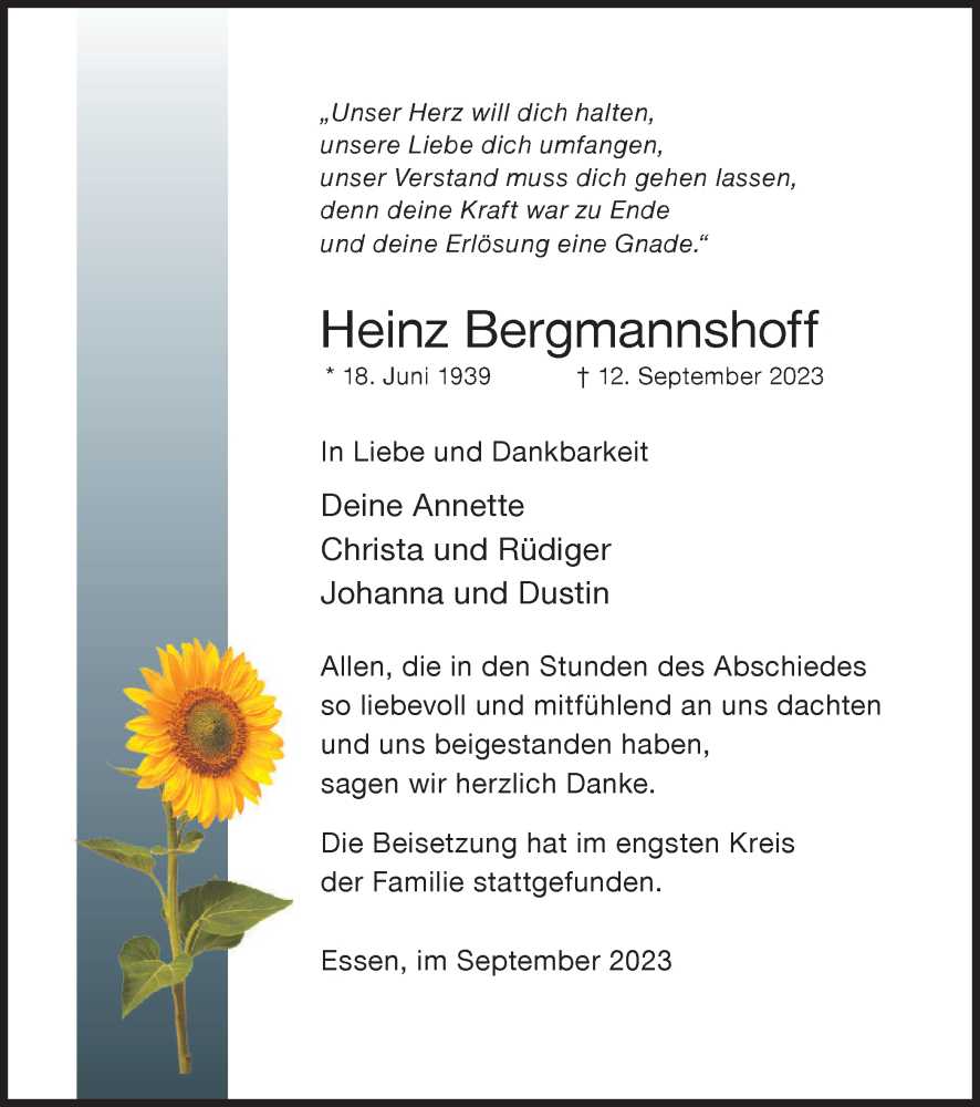  Traueranzeige für Heinz Bergmannshoff vom 27.09.2023 aus Tageszeitung