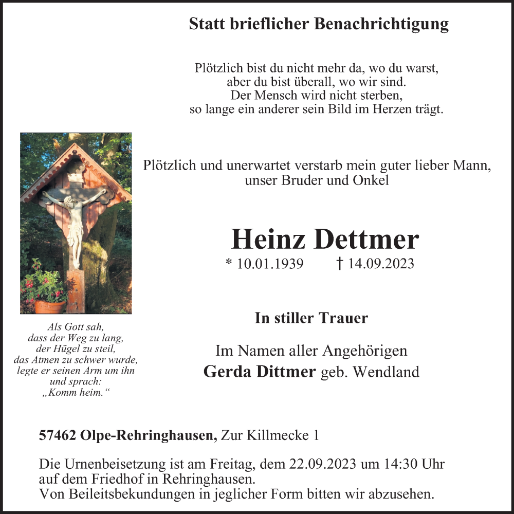  Traueranzeige für Heinz Dettmer vom 16.09.2023 aus Tageszeitung