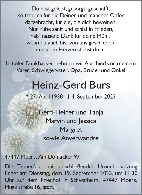 Traueranzeige von Heinz-Gerd Burs von Tageszeitung
