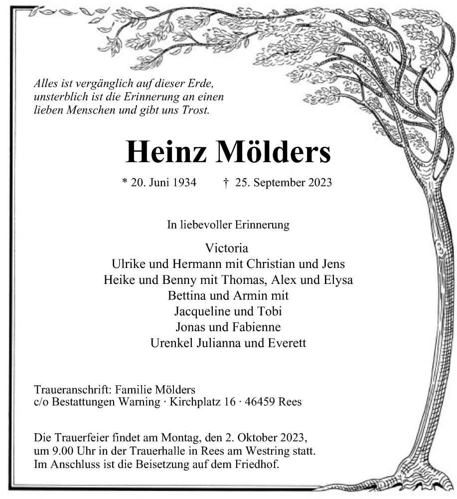  Traueranzeige für Heinz Mölders vom 30.09.2023 aus Tageszeitung