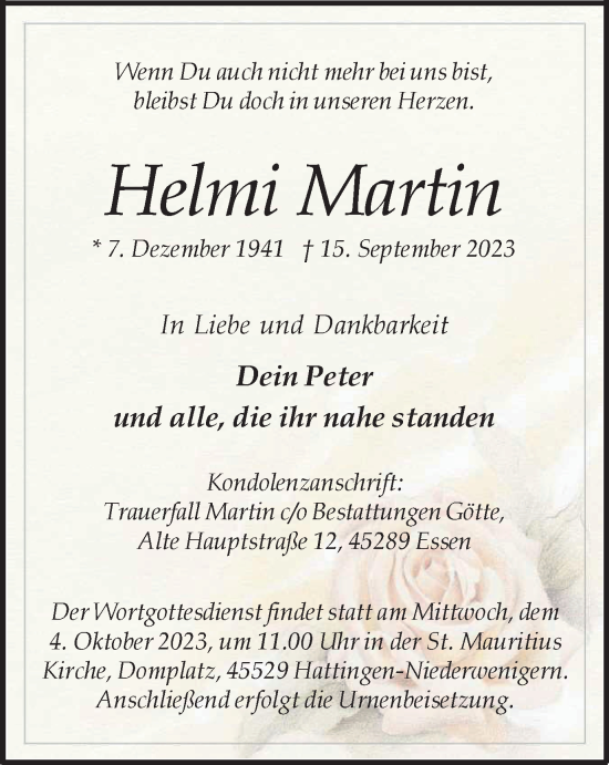 Traueranzeige von Helmi Martin von Tageszeitung