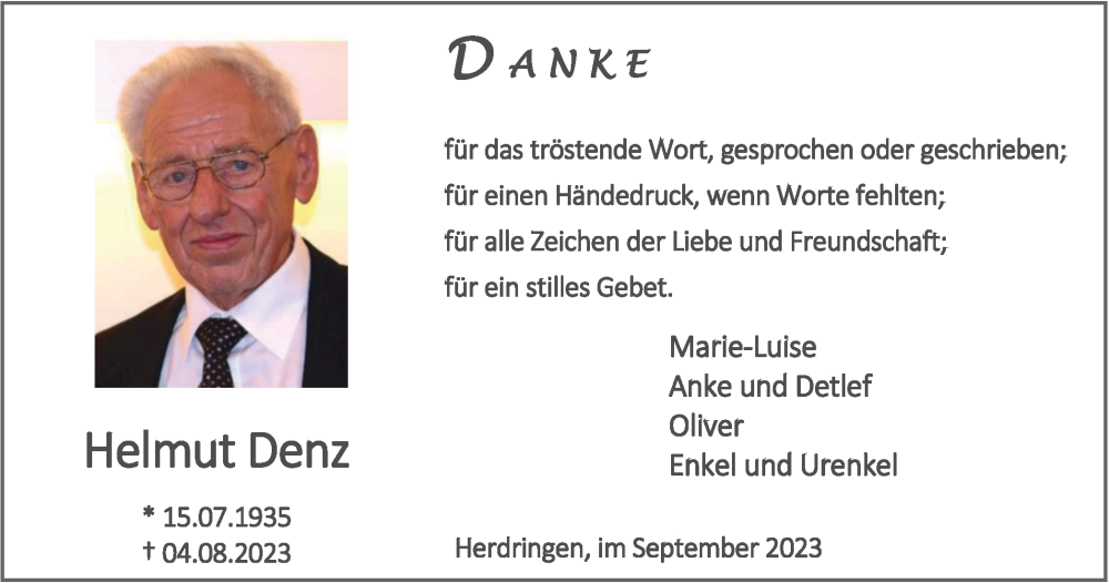  Traueranzeige für Helmut Denz vom 18.09.2023 aus Tageszeitung