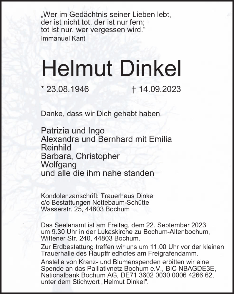  Traueranzeige für Helmut Dinkel vom 16.09.2023 aus Tageszeitung