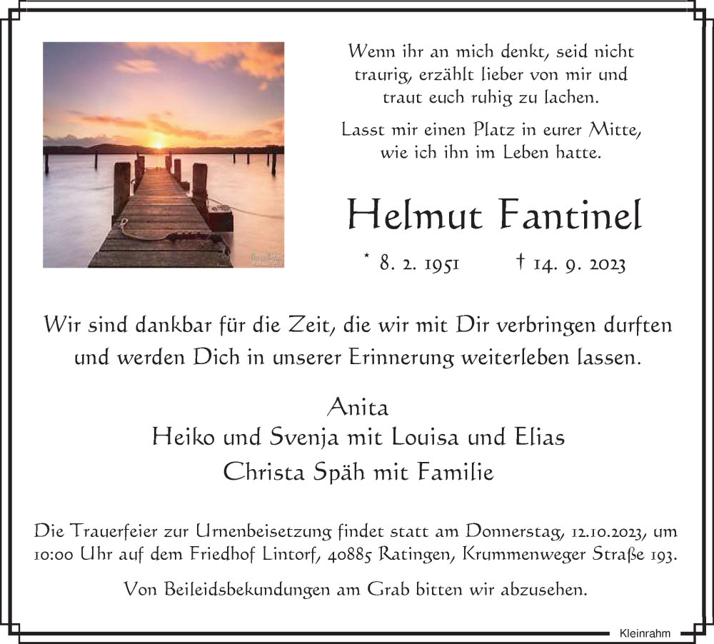  Traueranzeige für Helmut Fantinel vom 30.09.2023 aus Tageszeitung