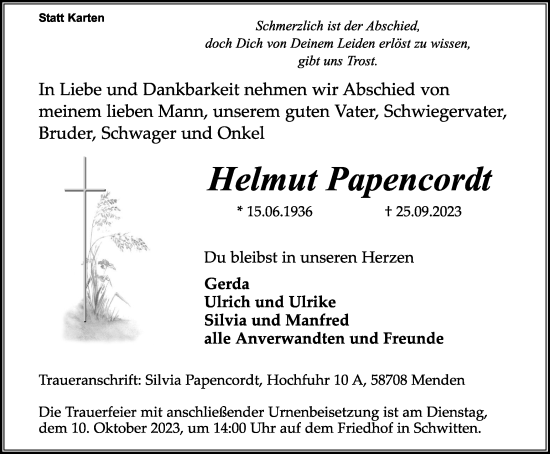Traueranzeige von Helmut Papencordt von Tageszeitung