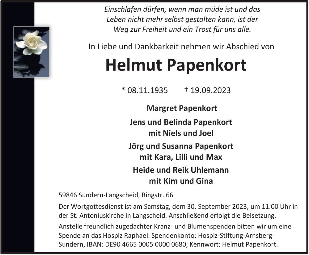  Traueranzeige für Helmut Papenkort vom 23.09.2023 aus Tageszeitung