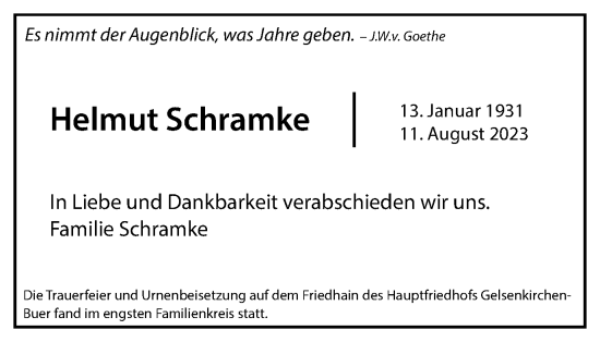 Traueranzeige von Helmut Schramke von Tageszeitung