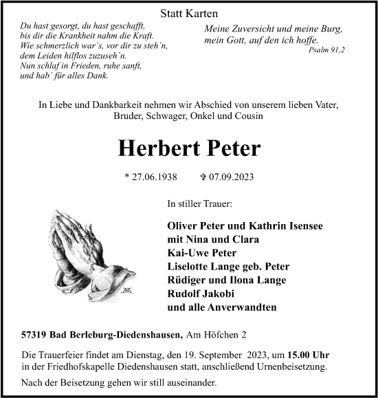 Traueranzeige von Herbert Peter von Tageszeitung