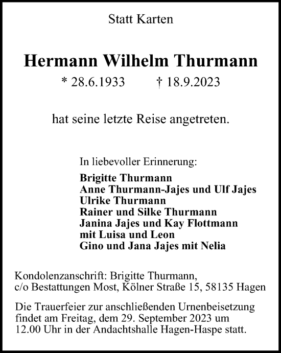 Traueranzeige von Hermann Wilhelm Thurmann von Tageszeitung