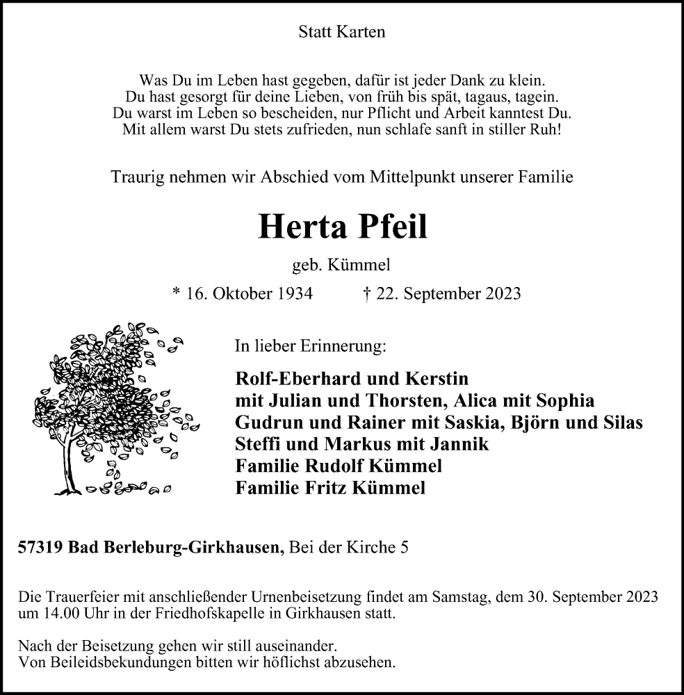  Traueranzeige für Herta Pfeil vom 27.09.2023 aus Tageszeitung