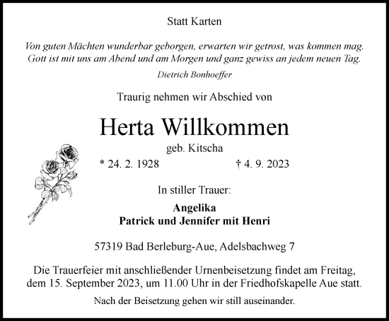 Traueranzeige von Herta Willkommen von Tageszeitung