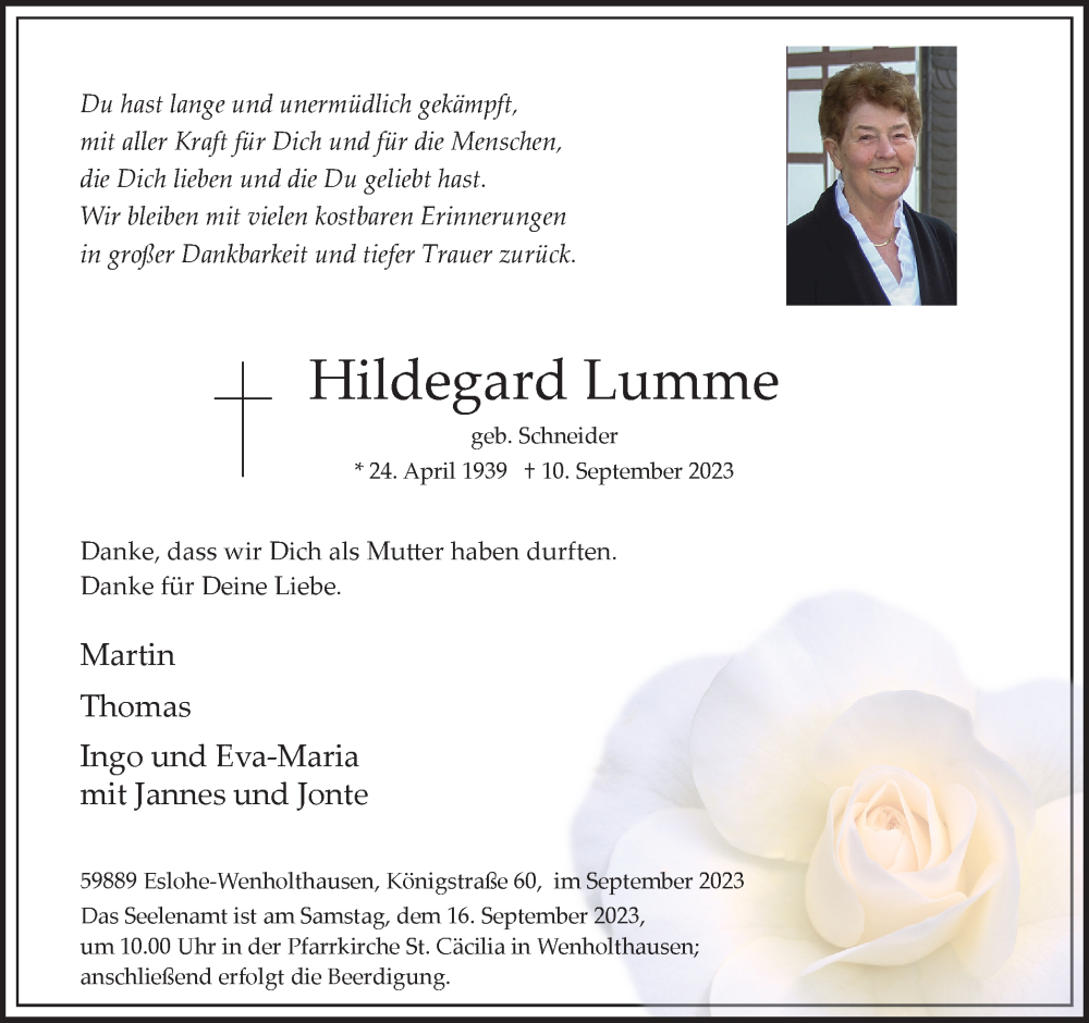  Traueranzeige für Hildegard Lumme vom 14.09.2023 aus Tageszeitung