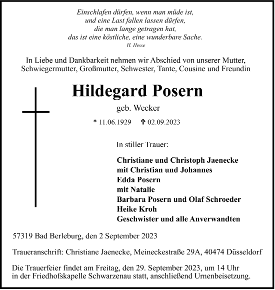 Traueranzeige von Hildegard Posern von Tageszeitung