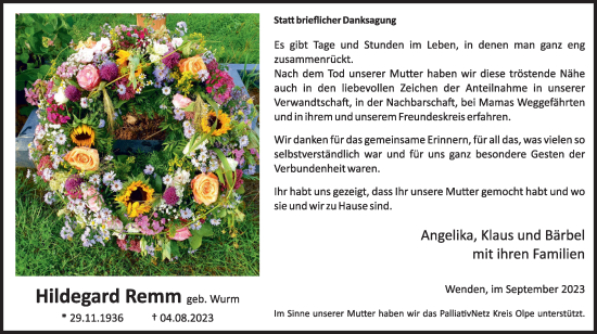 Traueranzeige von Hildegard Remm von Tageszeitung