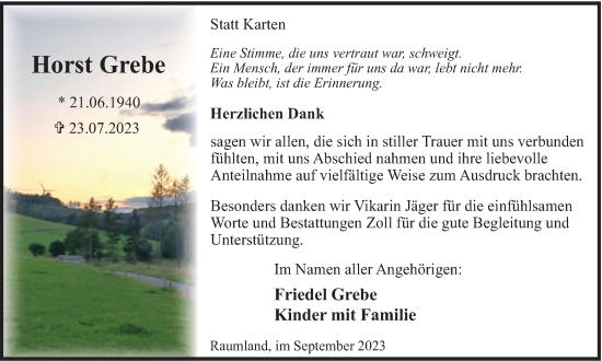 Traueranzeige von Horst Grebe von Tageszeitung