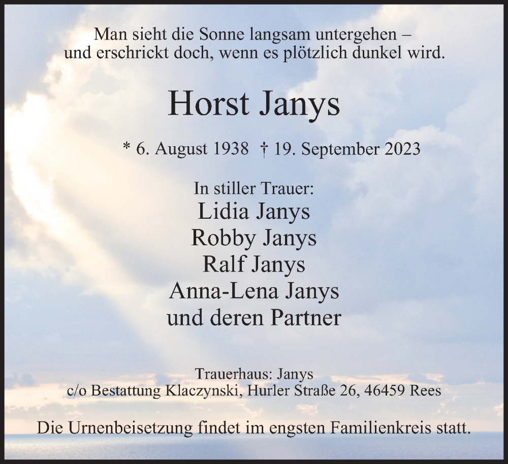  Traueranzeige für Horst Janys vom 23.09.2023 aus Tageszeitung