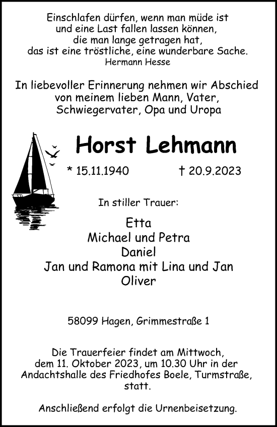 Traueranzeige von Horst Lehmann von Tageszeitung