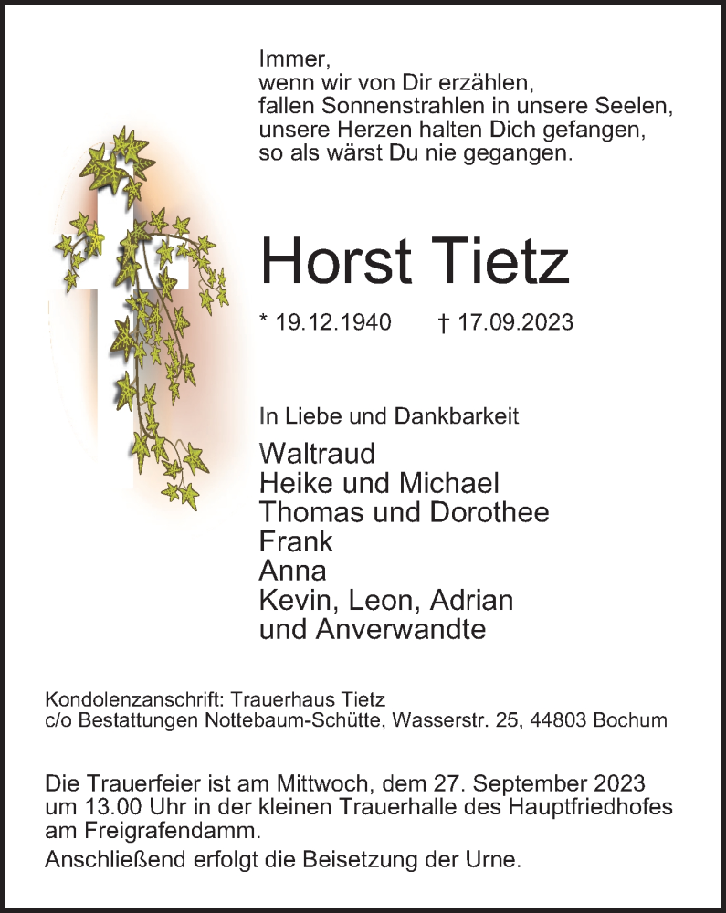  Traueranzeige für Horst Tietz vom 23.09.2023 aus Tageszeitung