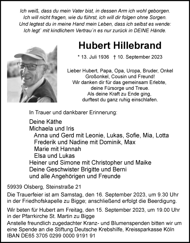  Traueranzeige für Hubert Hillebrand vom 13.09.2023 aus Tageszeitung