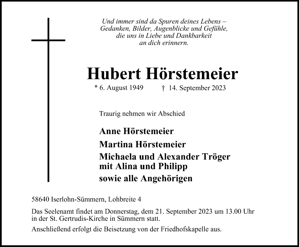  Traueranzeige für Hubert Hörstemeier vom 16.09.2023 aus Tageszeitung