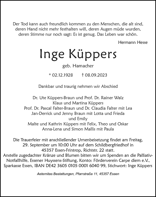Traueranzeige von Inge Küppers von Tageszeitung