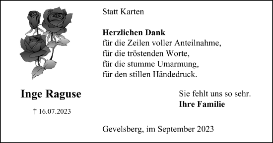 Traueranzeige von Inge Raguse von Tageszeitung