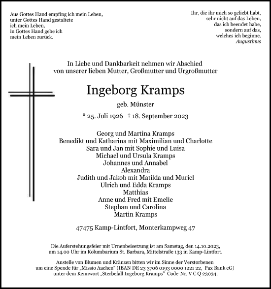 Traueranzeige von Ingeborg Kramps von Tageszeitung