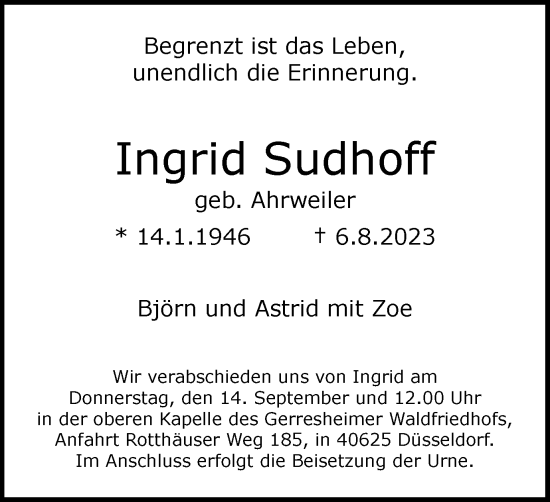 Traueranzeige von Ingrid Sudhoff von Tageszeitung