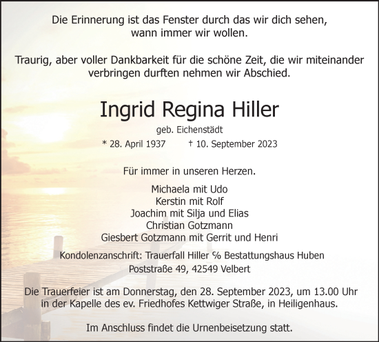 Traueranzeige von Ingrid Regina Hiller von Tageszeitung