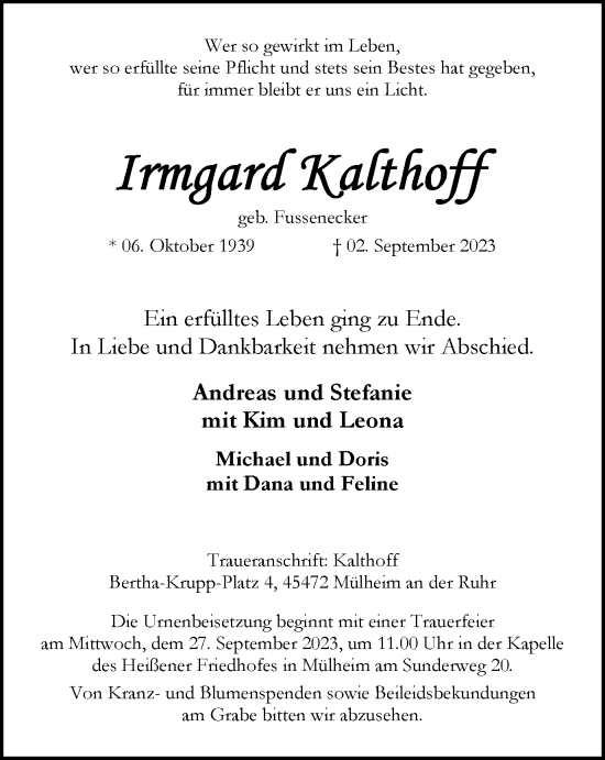Traueranzeige von Irmgard Kalthoff von Tageszeitung