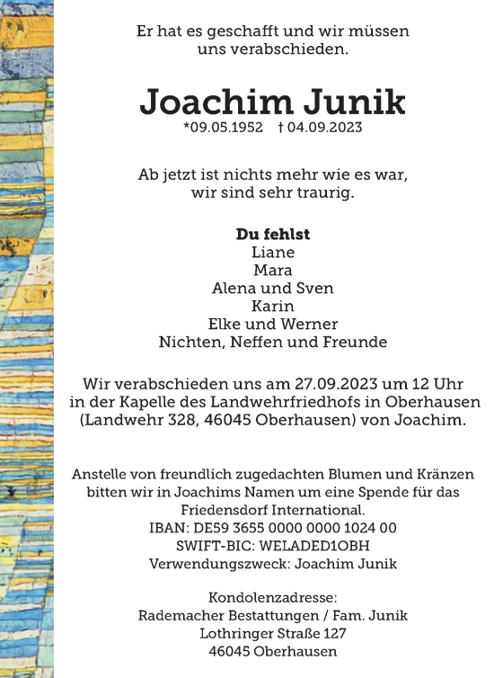 Traueranzeige von Joachim Junik von Tageszeitung