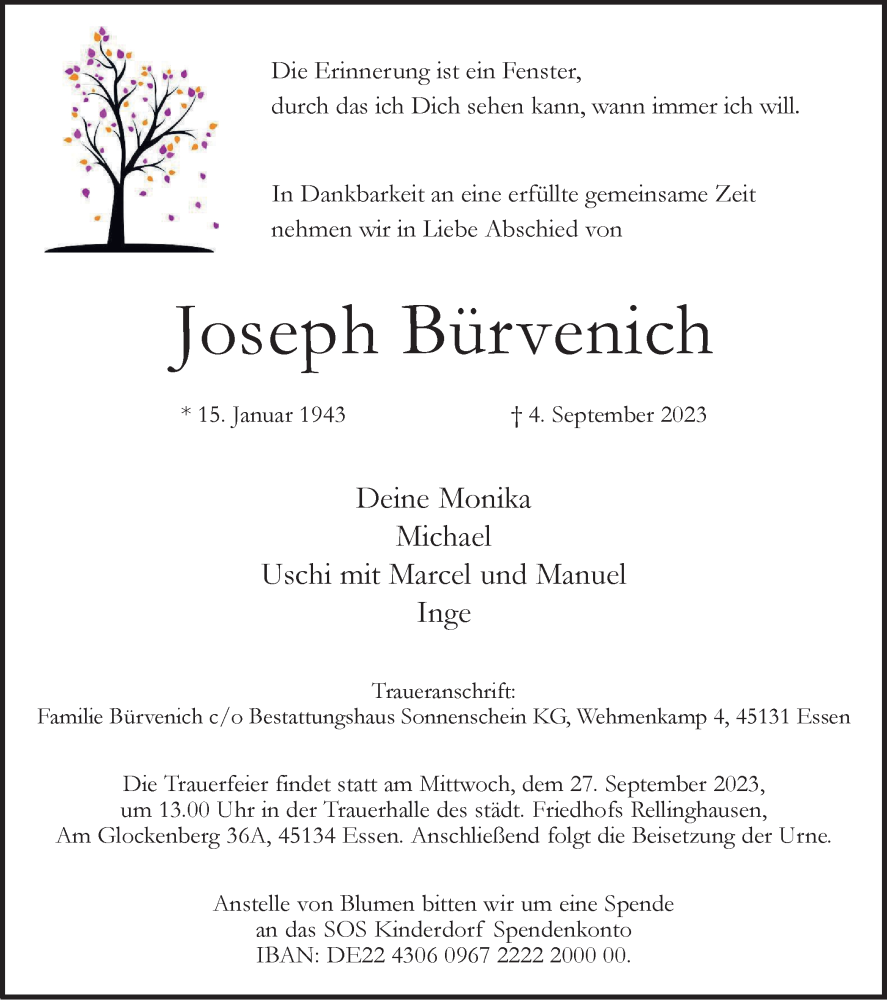  Traueranzeige für Joseph Bürvenich vom 23.09.2023 aus Tageszeitung