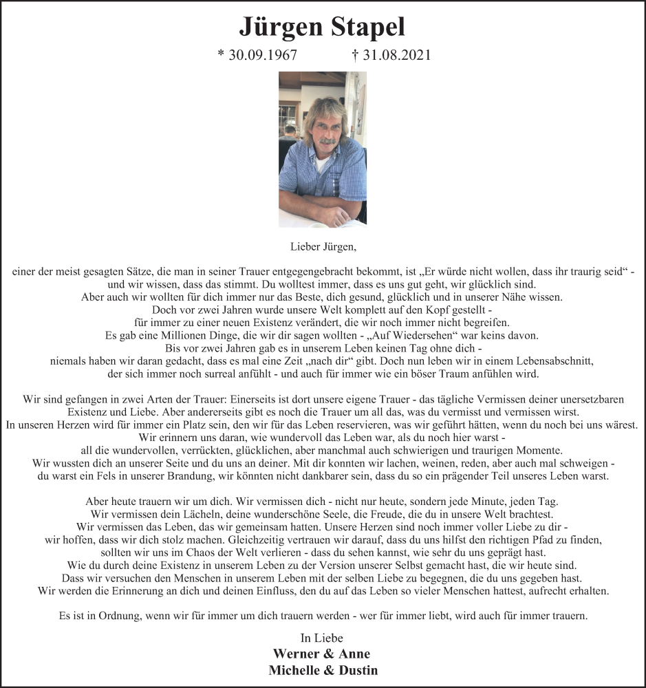  Traueranzeige für Jürgen Stapel vom 02.09.2023 aus Tageszeitung