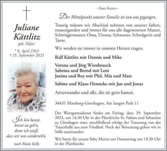 Traueranzeige von Juliane Kättlitz von Tageszeitung