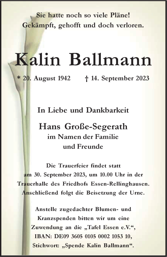 Traueranzeige von Kalin Ballmann von Tageszeitung