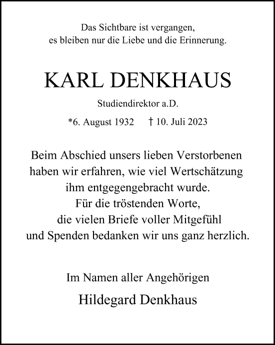 Traueranzeige von Karl Denkhaus von Tageszeitung