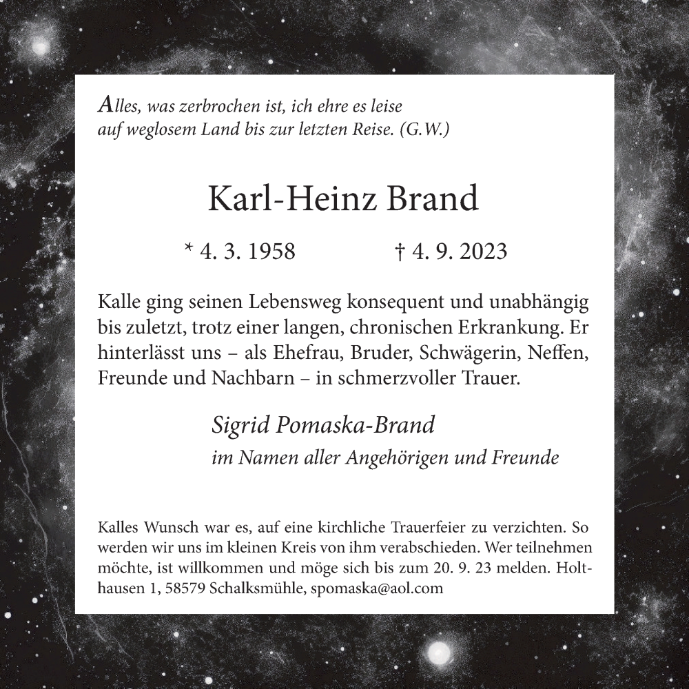  Traueranzeige für Karl-Heinz Brand vom 16.09.2023 aus Tageszeitung