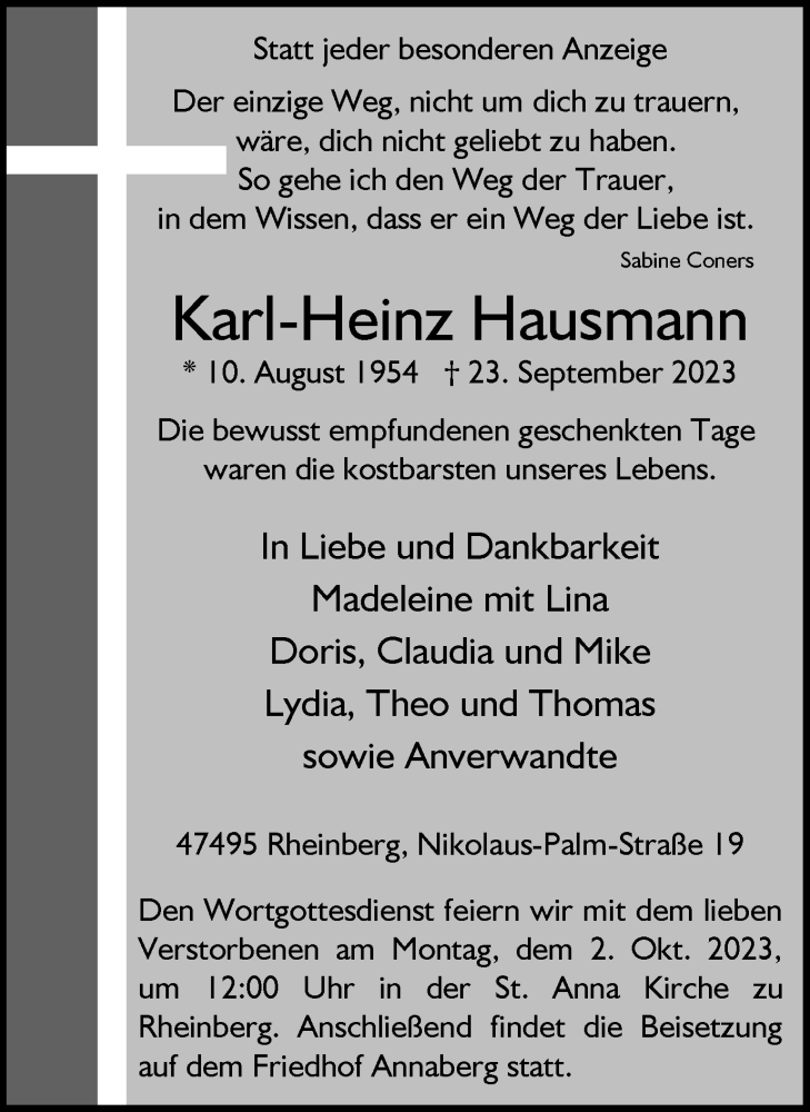  Traueranzeige für Karl-Heinz Hausmann vom 28.09.2023 aus Tageszeitung