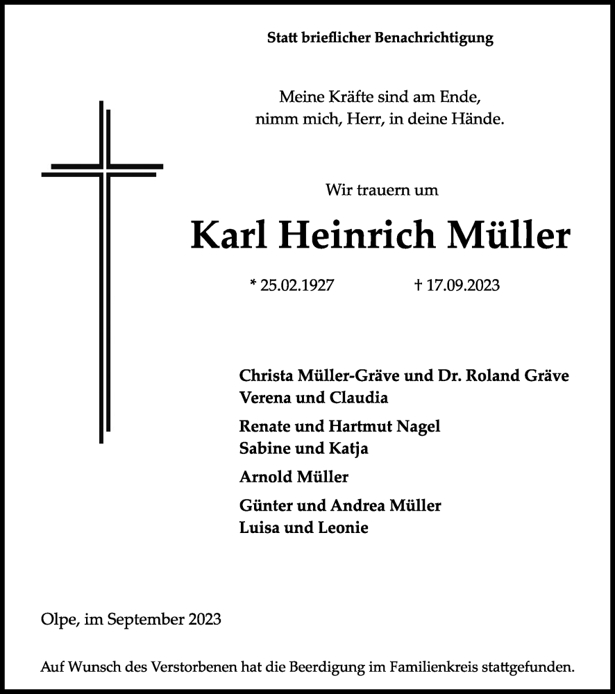  Traueranzeige für Karl Heinrich Müller vom 23.09.2023 aus Tageszeitung