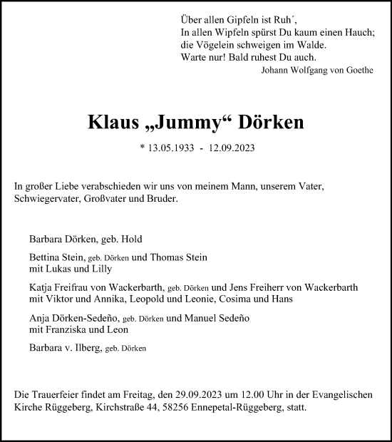 Traueranzeige von Klaus Dörken von Tageszeitung