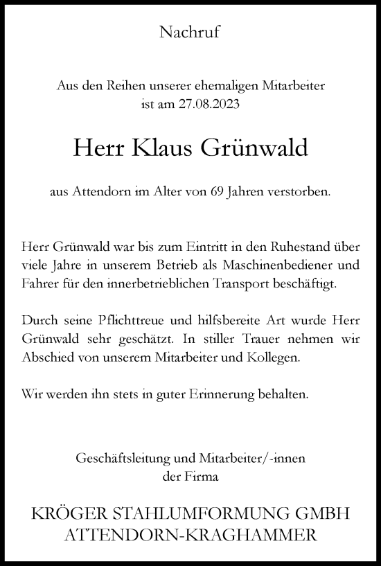 Traueranzeige von Klaus Grünwald von Tageszeitung