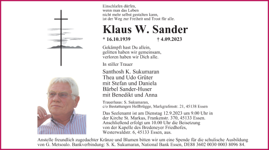 Traueranzeige von Klaus  Sander von Tageszeitung