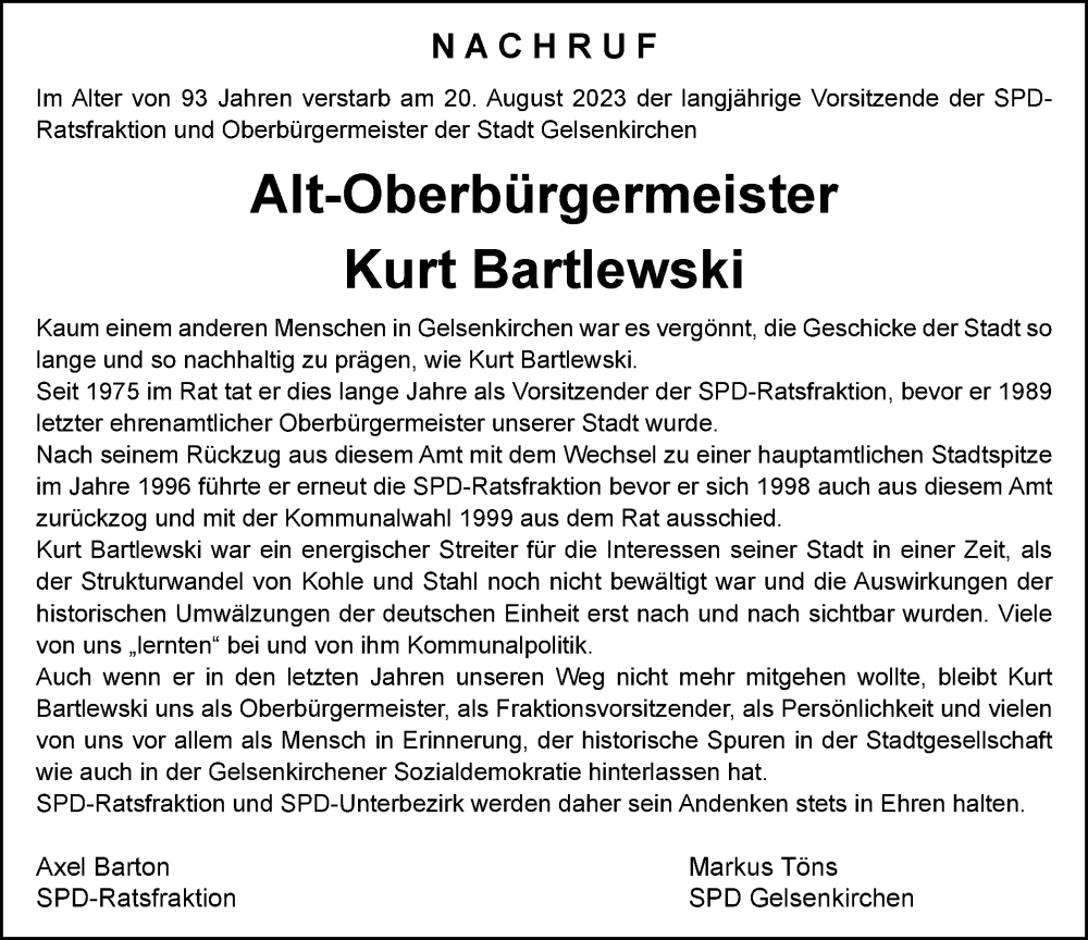  Traueranzeige für Kurt Bartlewski vom 01.09.2023 aus Tageszeitung