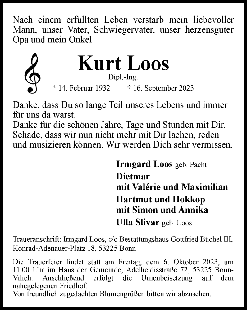  Traueranzeige für Kurt Loos vom 30.09.2023 aus Tageszeitung