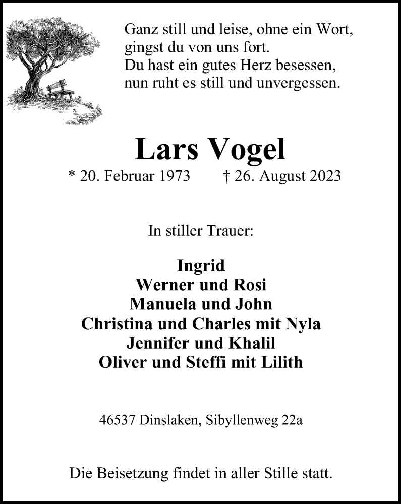  Traueranzeige für Lars Vogel vom 09.09.2023 aus Tageszeitung