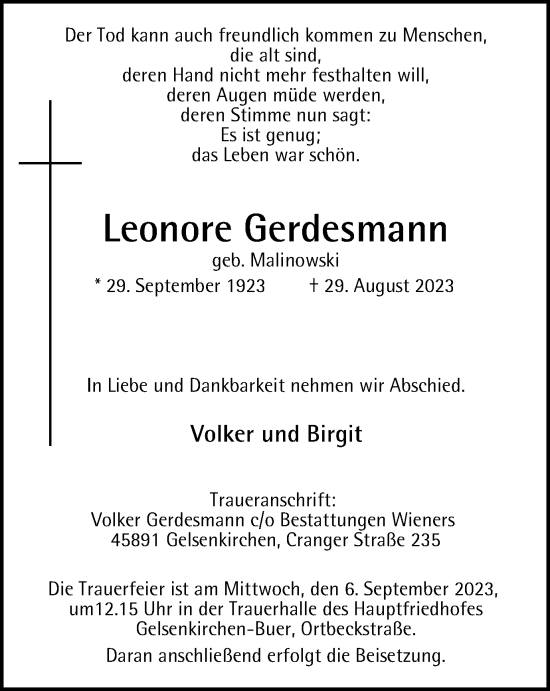 Traueranzeige von Leonore Gerdesmann von Tageszeitung