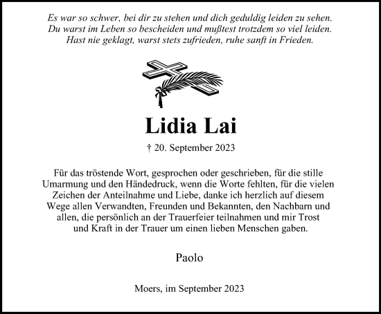 Traueranzeige von Lidia Lai von Tageszeitung