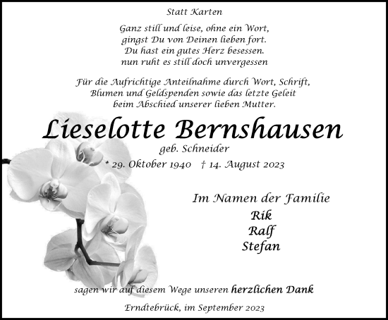 Traueranzeige von Lieselotte Bernshausen von Tageszeitung